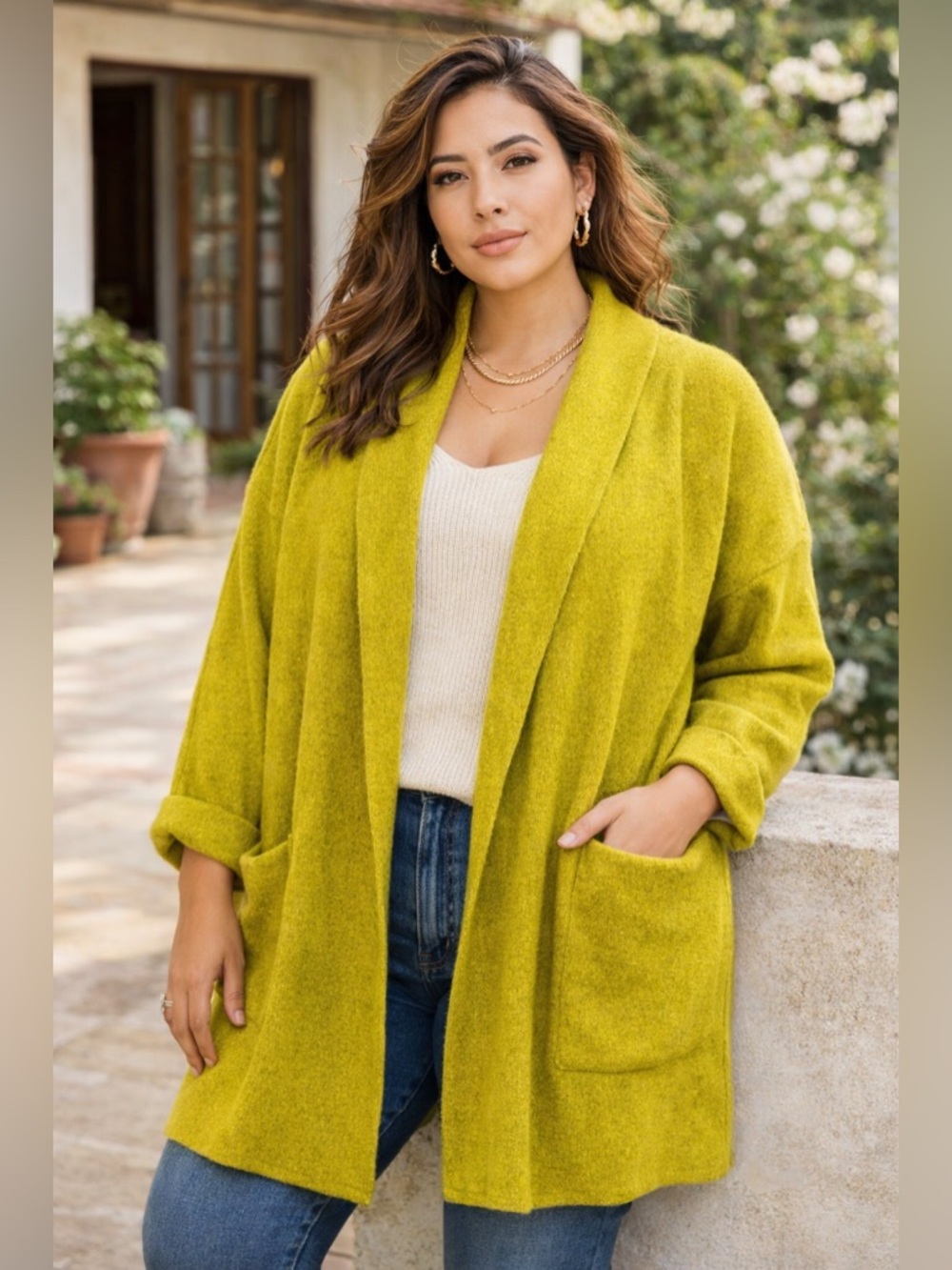 JNY Jones New York Chartreuse Wool Blend Open Front Cardigan Coat 1X